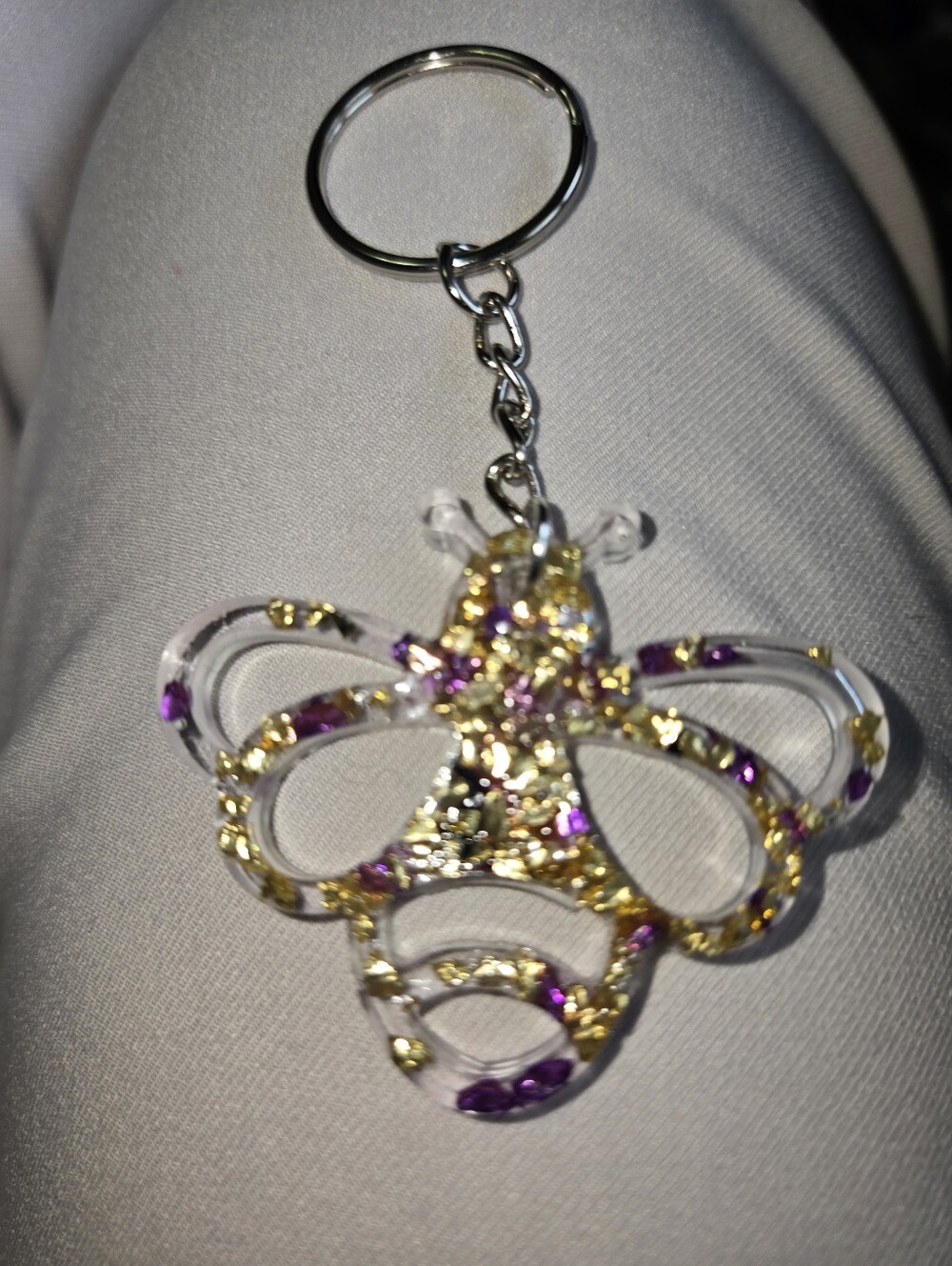 Resin Butterfly Bag Charm Handmade Keychain Sparkle Gold Purple 326